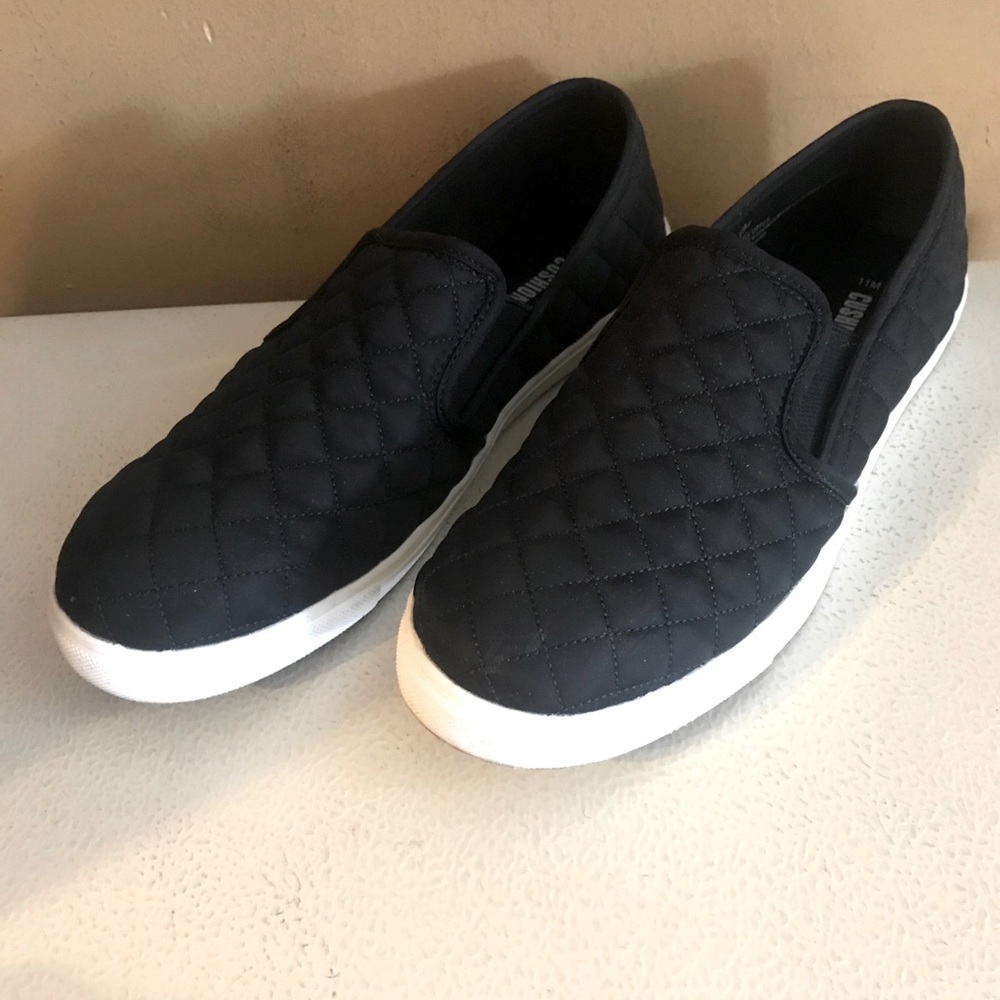 Cute black fabric quilted fashion sneakers.
